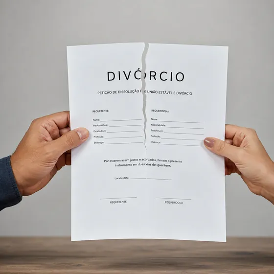 Petição de divórcio rasgada ao meio, segurada por duas pessoas