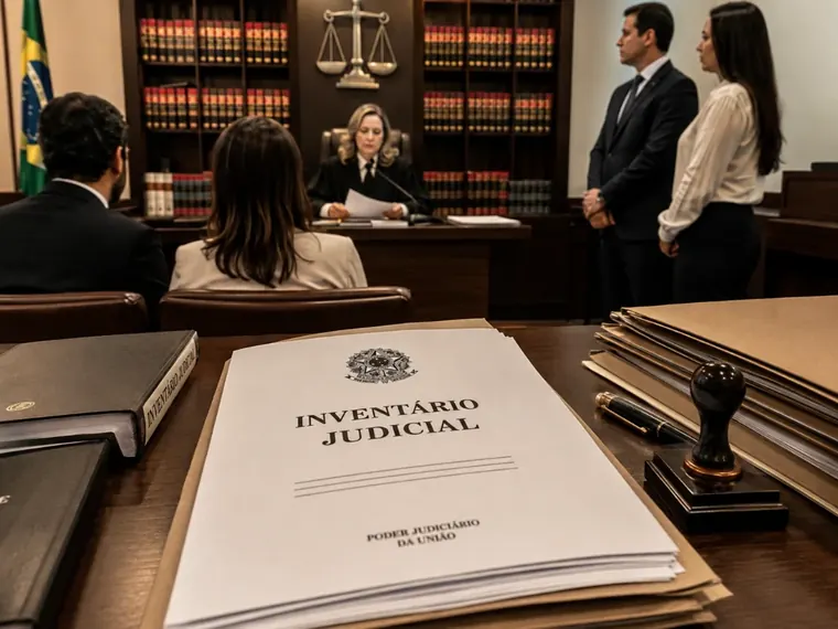 Martelo de juiz sobre a mesa, representando o inventário judicial